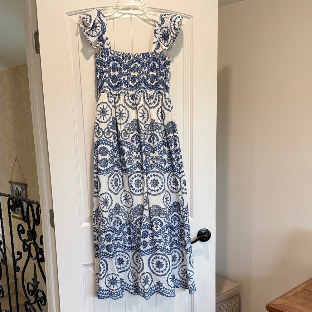 Commense White and Blue Midi Dress with Smocked Bodice